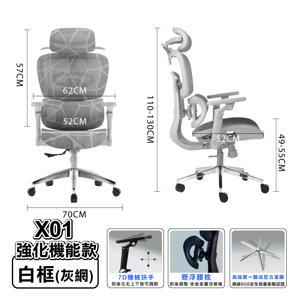 【ONE HOUSE】格拉斯人體工學7D機械手懸浮護腰辦公椅-X01強化機能款 / 白框(灰網)