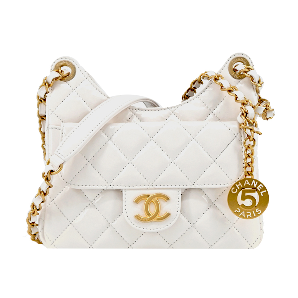 CHANEL Hobo Bag 經典雙C LOGO菱格紋小牛皮流浪包(白色)/平行輸入