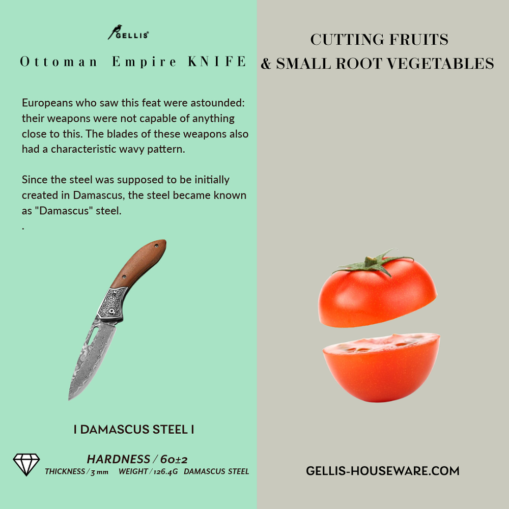GELLIS鵲利仕Ottoman Empire 鄂圖曼亞特坎戰刀款檀木柄大馬士革鋼切肉刀水果刀OUTDOORS戶外登山野營刀折刀_精雕方扣刀頸