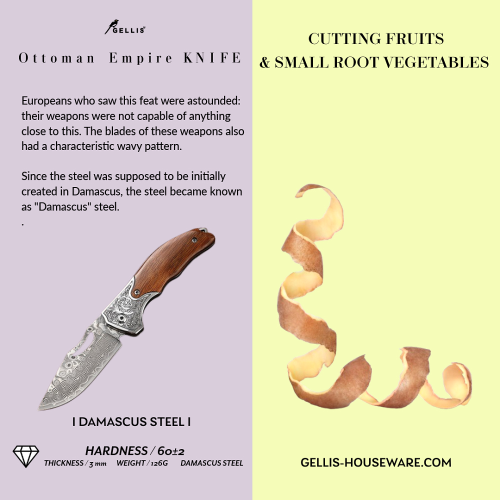 GELLIS鵲利仕Ottoman Empire 鄂圖曼亞特坎戰刀款檀木柄大馬士革鋼切肉刀水果刀OUTDOORS戶外登山野營刀折刀_精雕方扣掐紋刀頸