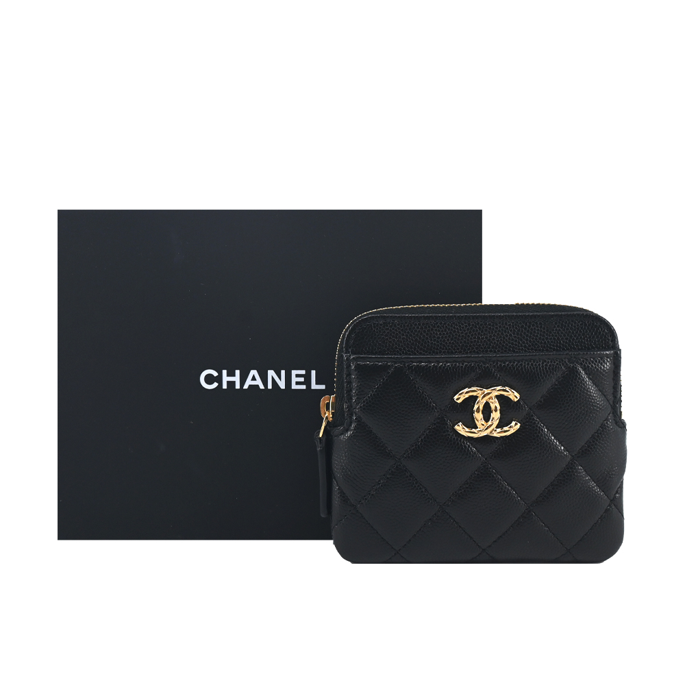 CHANEL 菱格LOGO荔枝牛皮卡片/零錢夾(黑)/平行輸入