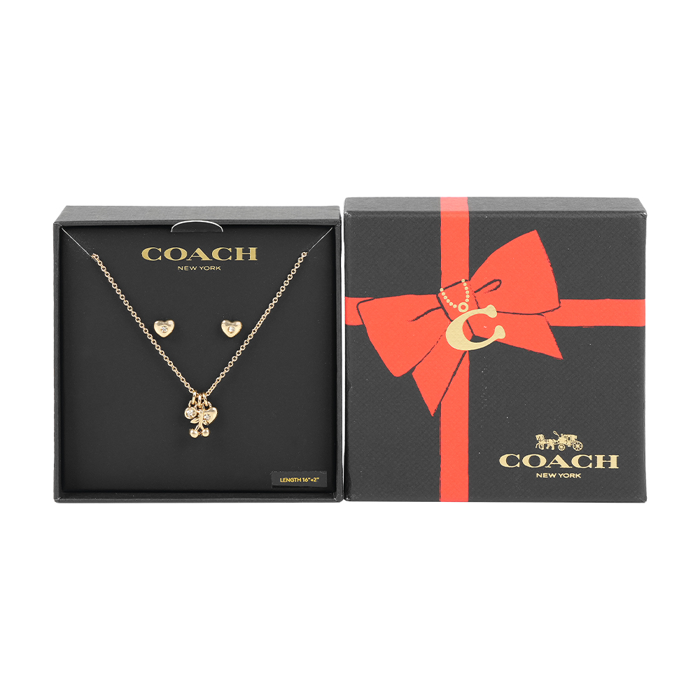 【COACH】水鑽/愛心/櫻桃墜飾項鍊及愛心水鑽針式耳環禮盒組(金色)/ 平行輸入