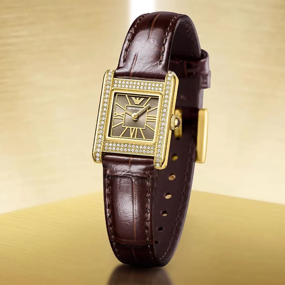 EMPORIO ARMANI 亞曼尼 Two-Hand 晶鑽方形雙針女錶 手錶-20x26mm (AR11705)