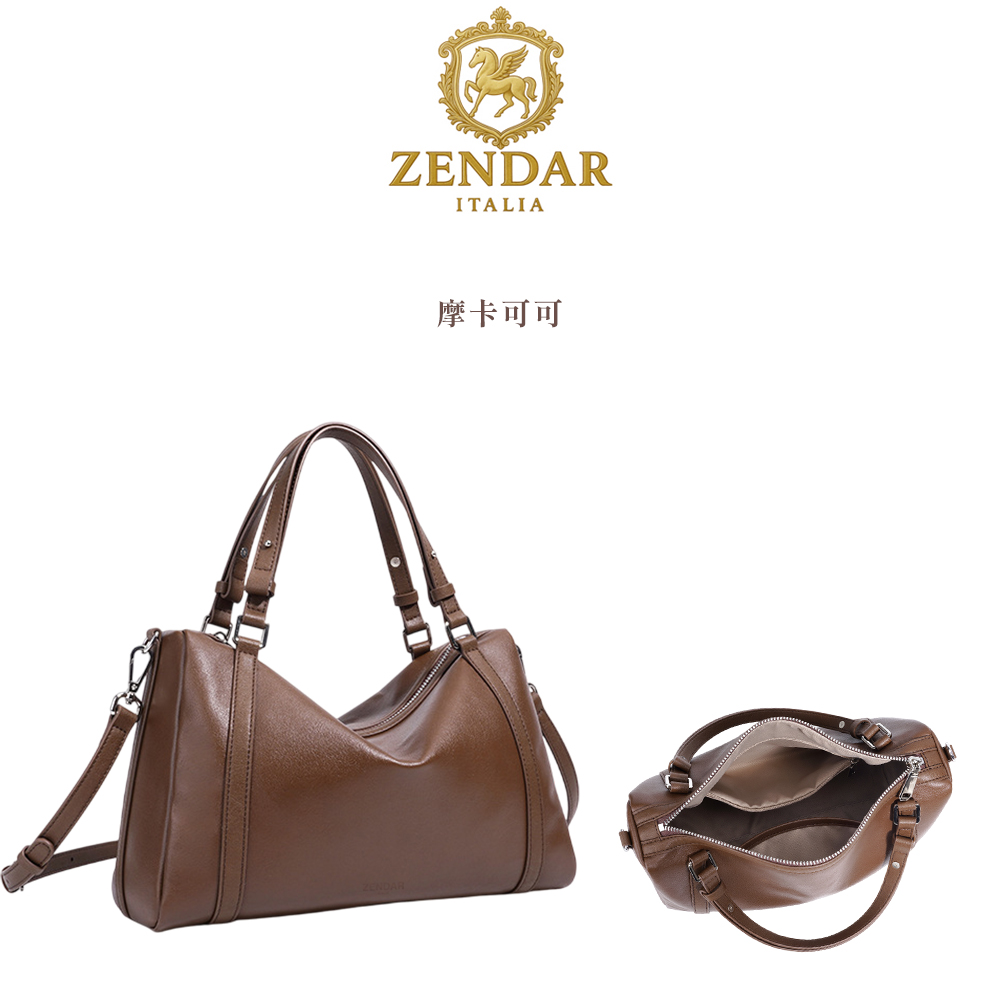 ZENDAR 限量1折 頂級小牛皮手提斜背包 波士頓包 保莉娜系列 全新專櫃展示品 (2色)/ 摩卡可可