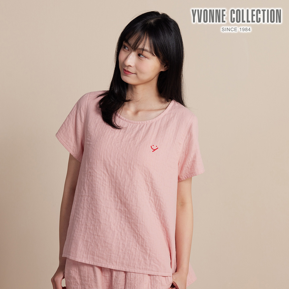 YVONNE COLLECTION 雙層紗繡花短袖上衣-薔薇粉