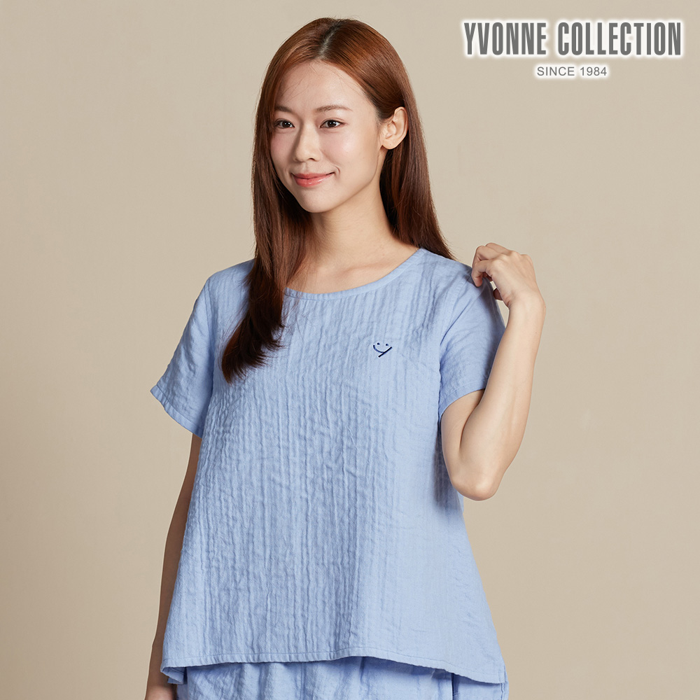 YVONNE COLLECTION 雙層紗繡花短袖上衣-灰藍
