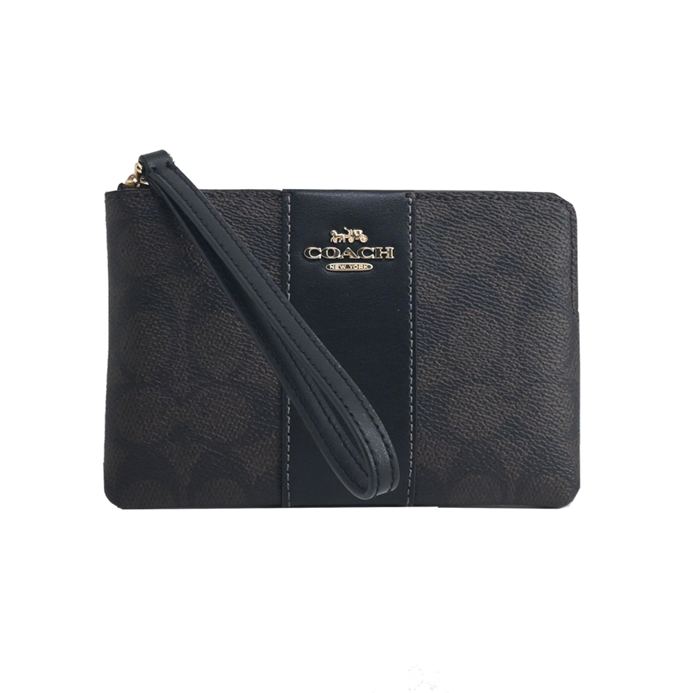 COACH 新款燙印馬車 PVC 直紋拉鍊手拿包-咖啡/平行輸入