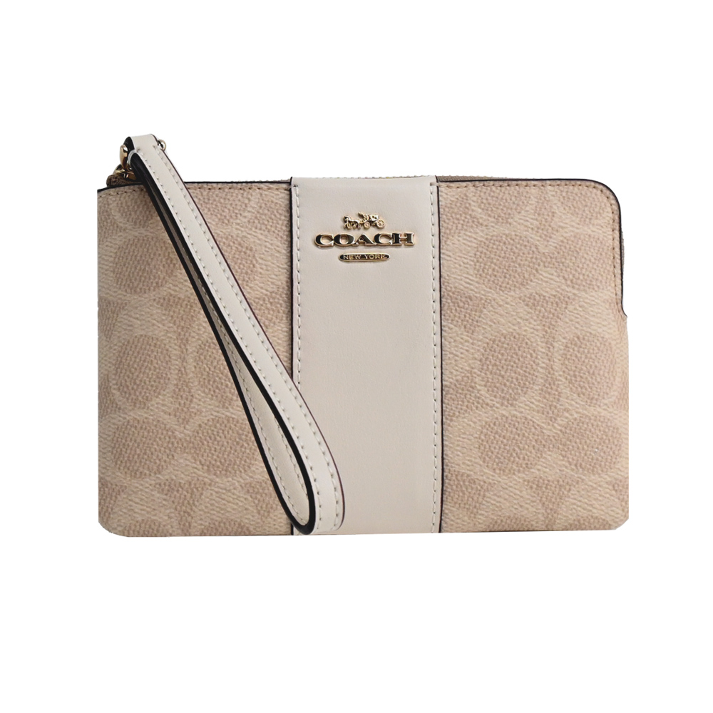 COACH 新款燙印馬車 PVC 直紋拉鍊手拿包-卡其白/平行輸入
