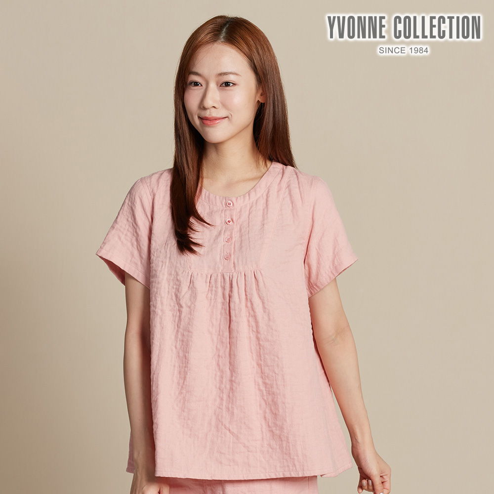 YVONNE COLLECTION 雙層紗半開襟短袖上衣-薔薇粉