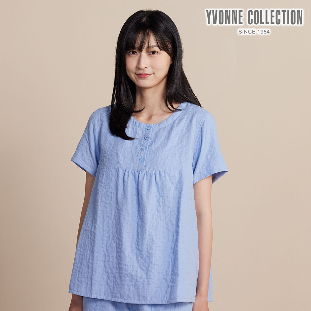 YVONNE COLLECTION 雙層紗半開襟短袖上衣-灰藍