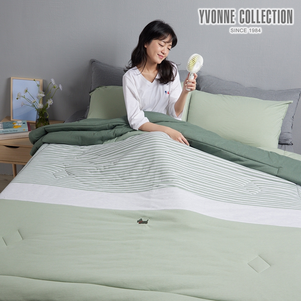 YVONNE COLLECTION 梗犬條紋 雙人感溫被-灰綠