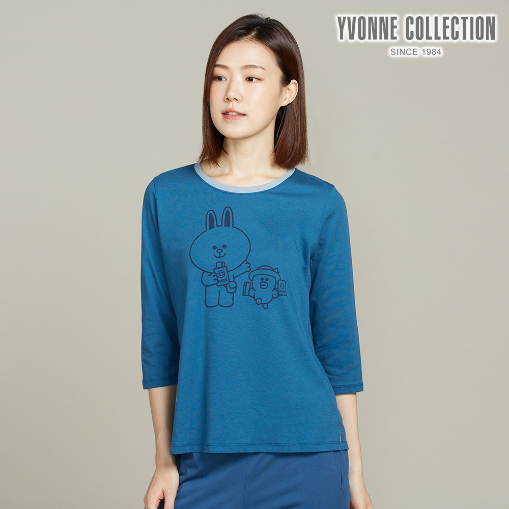 YVONNE COLLECTION 兔兔莎莉網印七分袖上衣-普魯士藍(LINE FRIENDS)