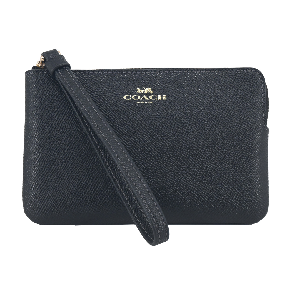 COACH 經典馬車燙金LOGO素面拉鍊手拿包(黑)/平行輸入