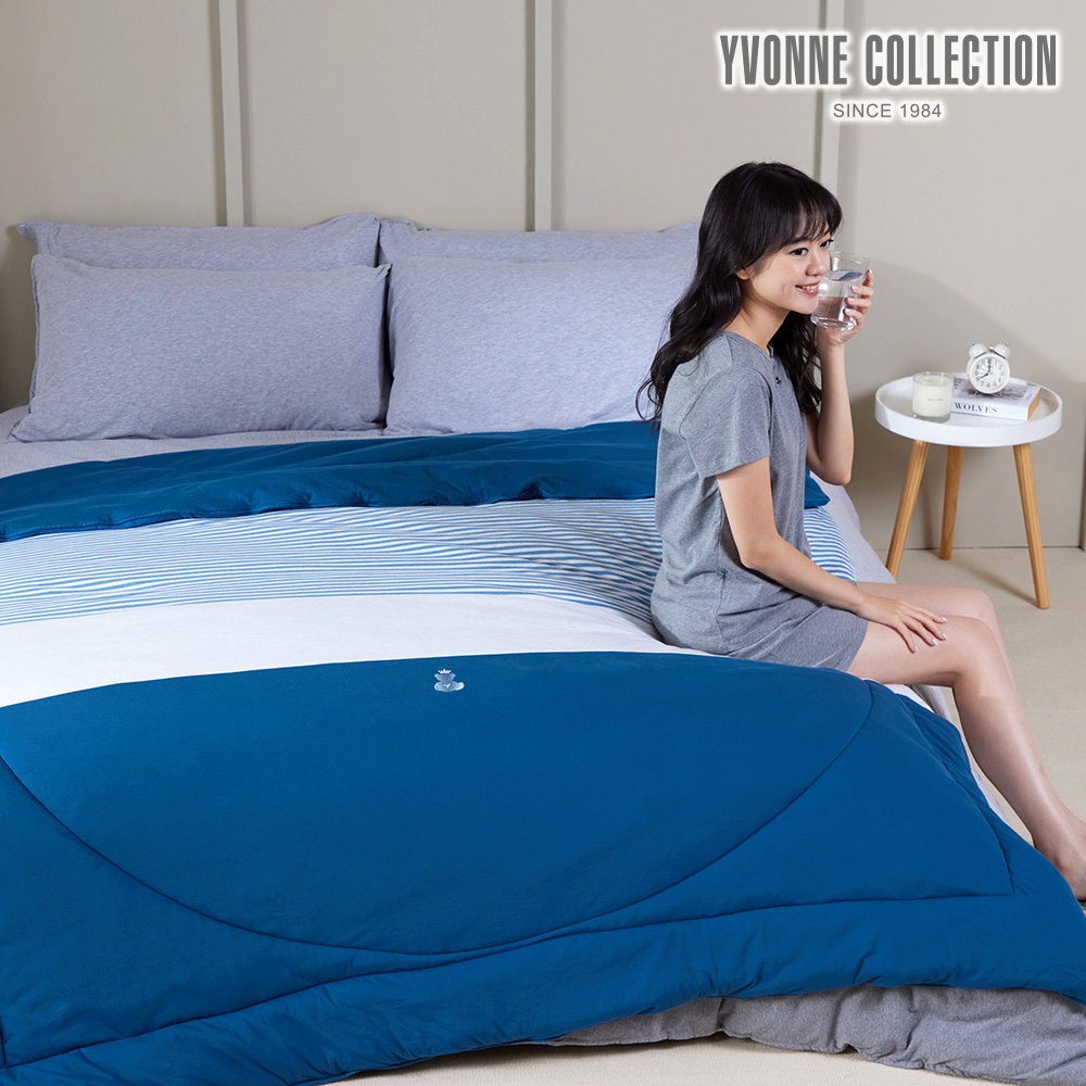 YVONNE COLLECTION 條紋皇家熊 雙人四季被-普魯士藍