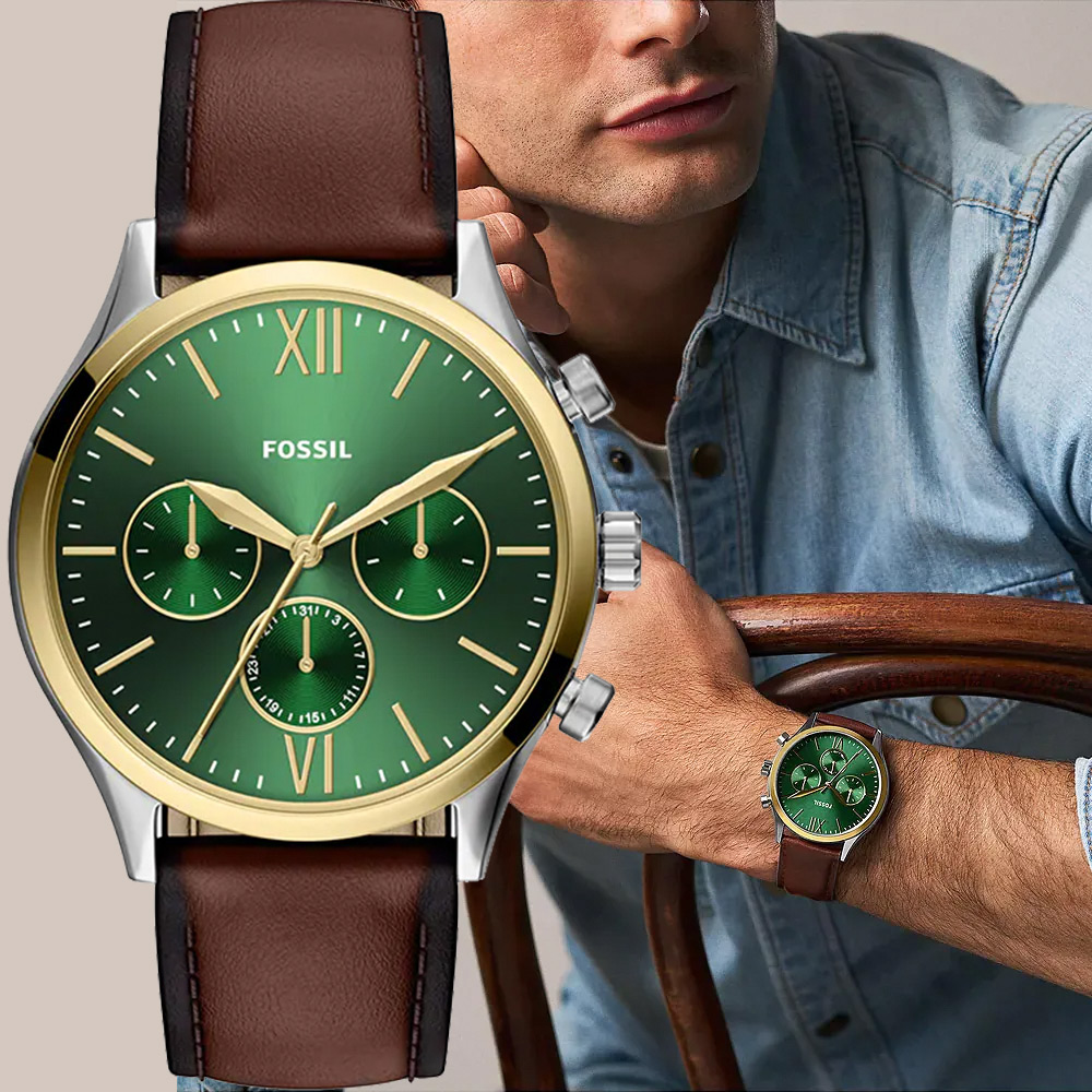 FOSSIL Fenmore 時尚三眼日曆手錶-綠x咖啡/44mm(BQM7122)