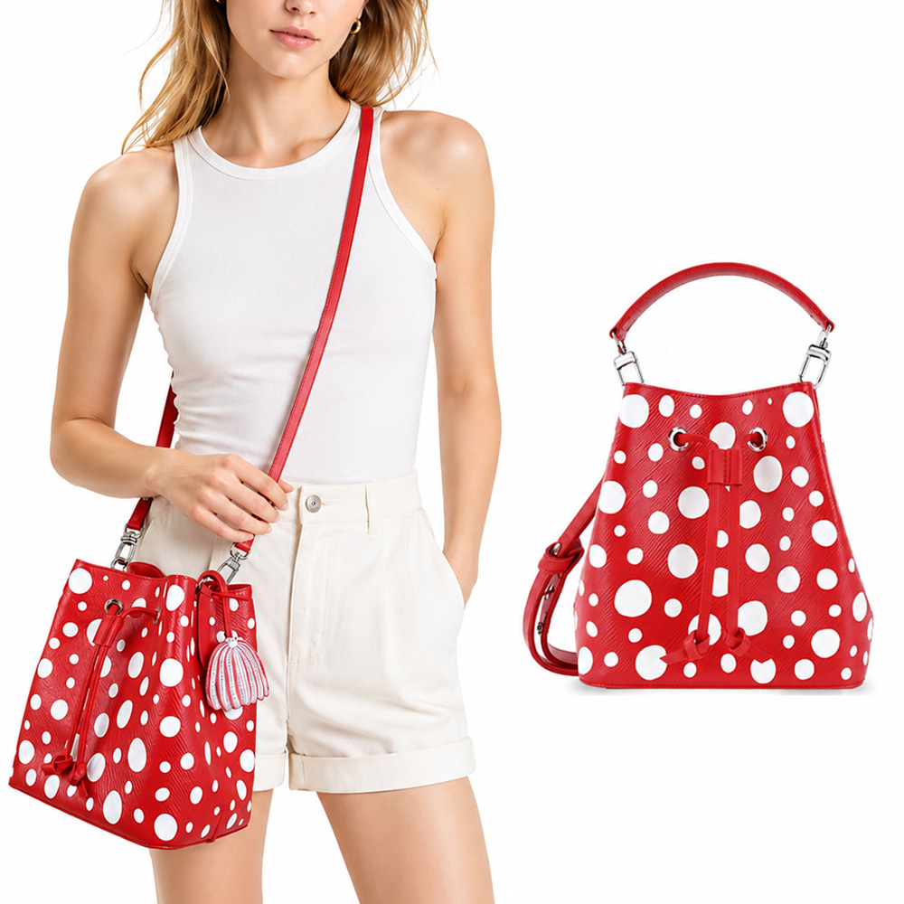 Louis Vuitton LV x YK Infinity Dots NOE BB皮革束口水桶包 (紅色) /平行輸入