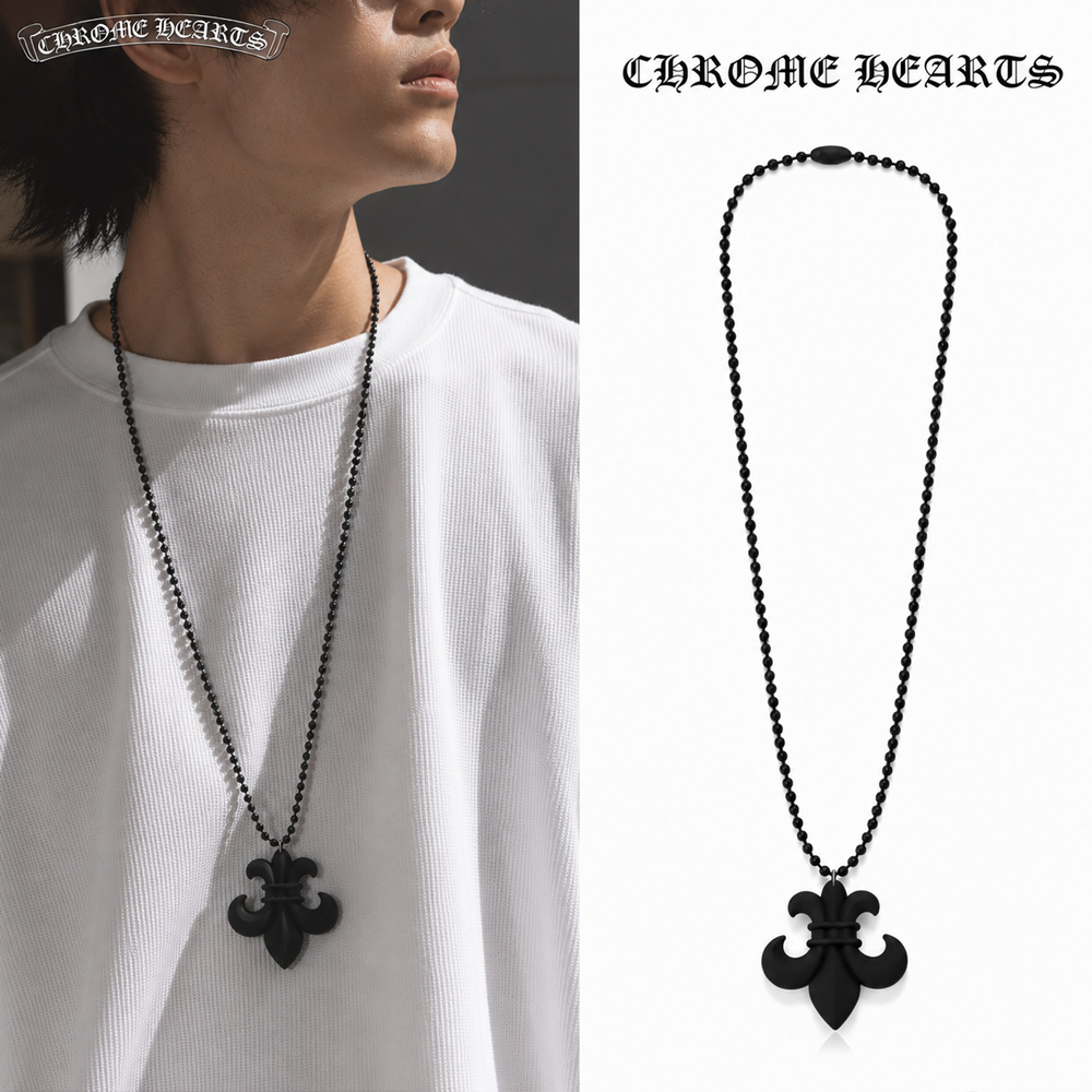 Chrome Hearts 克羅心 十字花造型橡膠長項鍊-黑/平行輸入