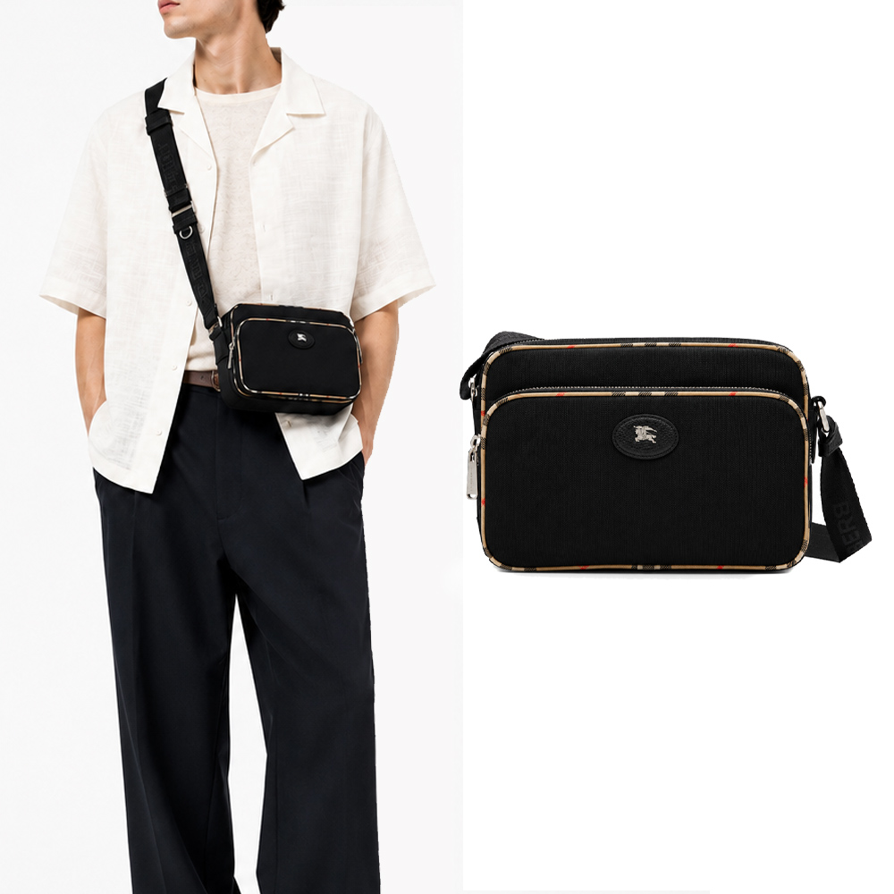 BURBERRY 戰馬格紋飾邊斜背包(黑色) /平行輸入