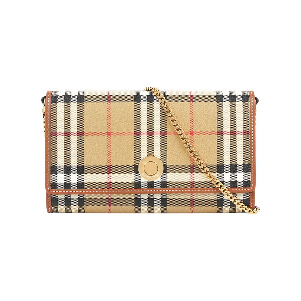 【BURBERRY】經典格紋皮夾式手拿包/鍊包WOC(米色/石楠木棕)/ 平行輸入