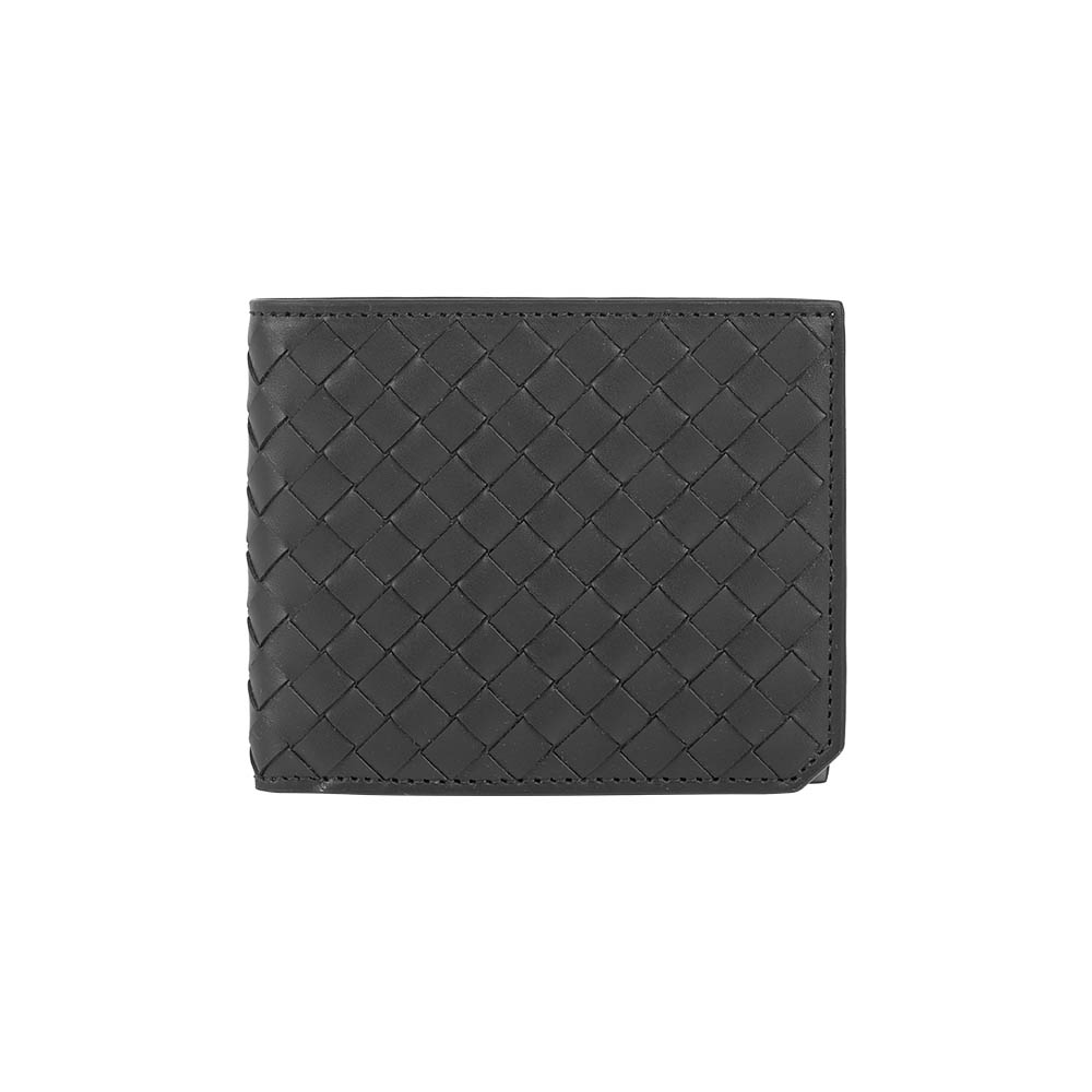 【BOTTEGA VENETA】小牛皮編織內拼色對開8卡短夾(黑色/閃電灰)/ 平行輸入