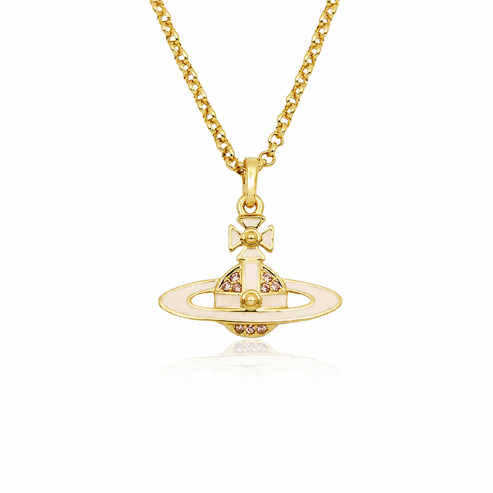 Vivienne Westwood 閃耀粉水晶米色琺瑯行星土星項鍊 金色 /平行輸入