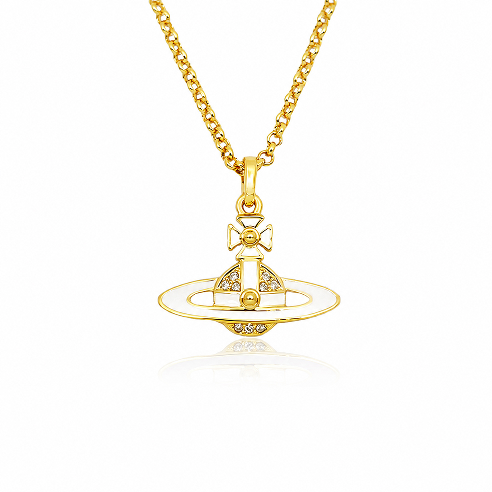 Vivienne Westwood 閃耀水晶白琺瑯土星項鍊 金色 /平行輸入