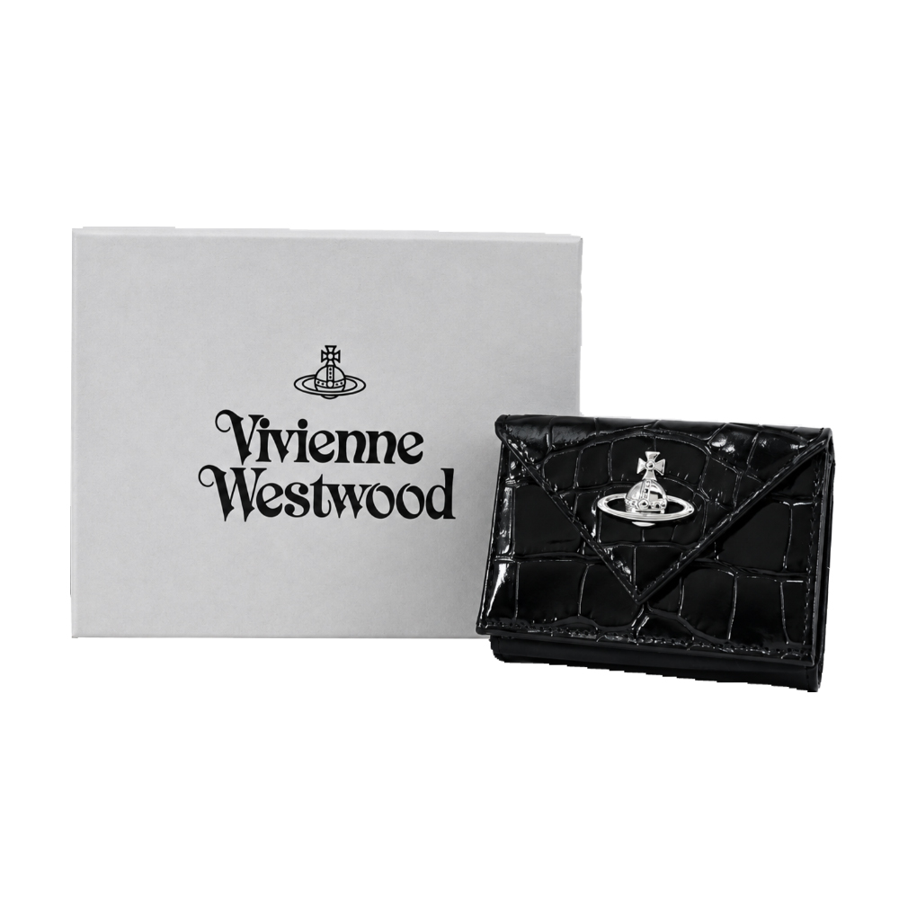 Vivienne Westwood 鱷魚紋皮革信封式三折錢包-黑/平行輸入