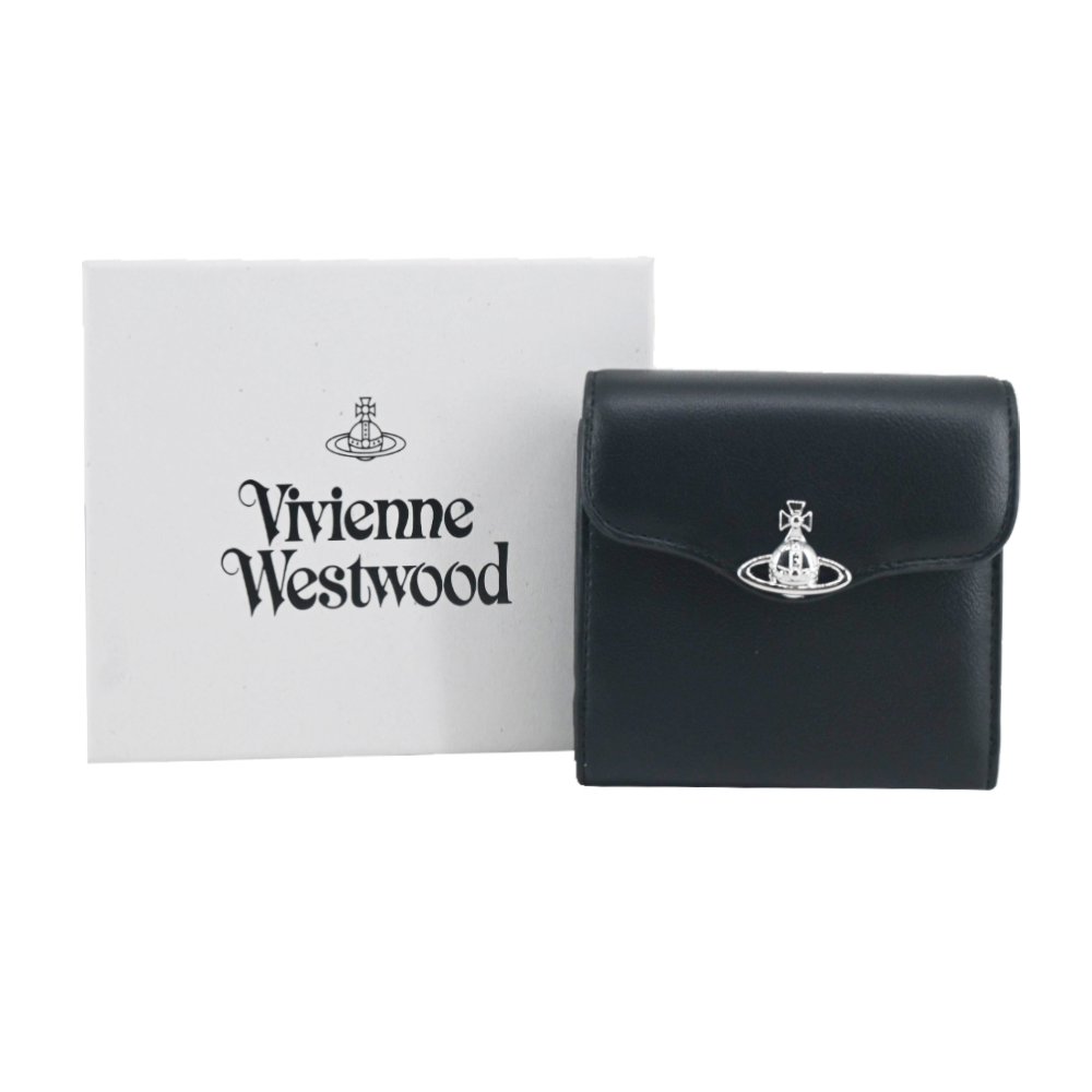Vivienne Westwood Hunter 弧形翻蓋光面皮革三折短夾-黑/平行輸入