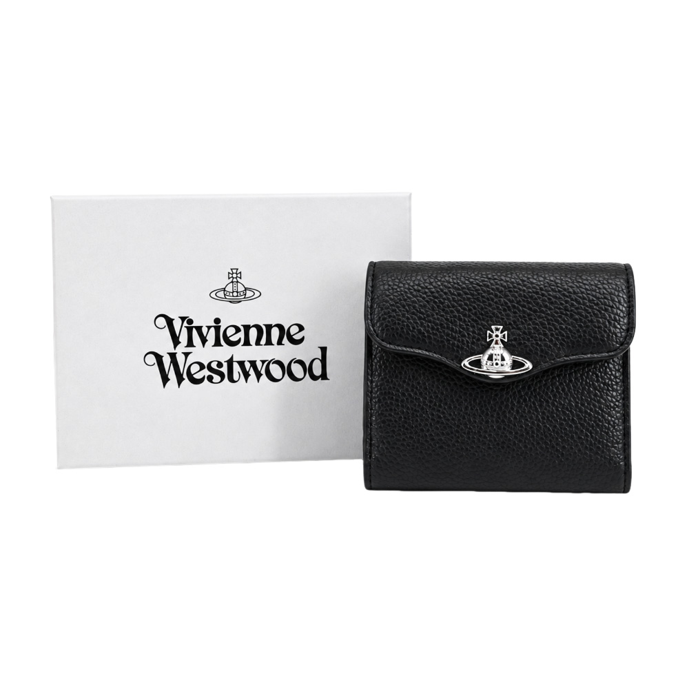 Vivienne Westwood Hunter 弧形翻蓋荔枝皮革三折短夾-黑/平行輸入