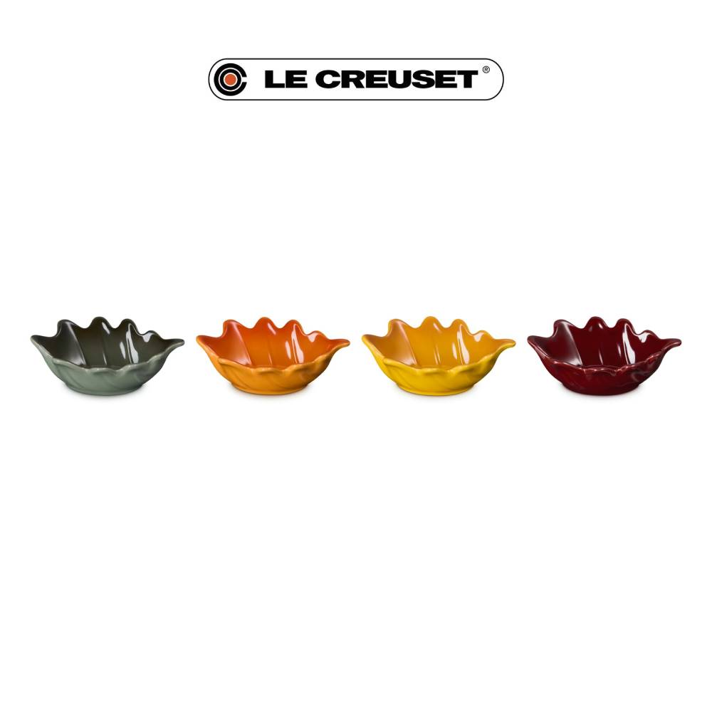 LE CREUSET瓷器橡葉造型迷你醬料碟4入組 百里香綠 珊瑚橘 杏桃黃 醇酒紅