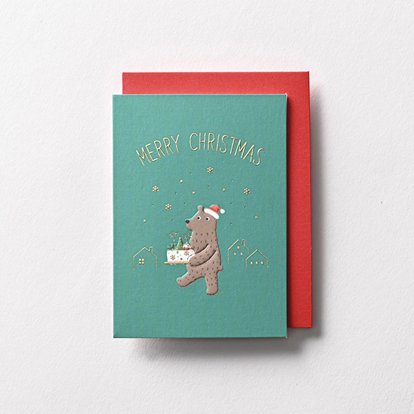 日本EASE迷你聖誕卡/ 直式/ 聖誕小熊/ 綠/ GX-4506