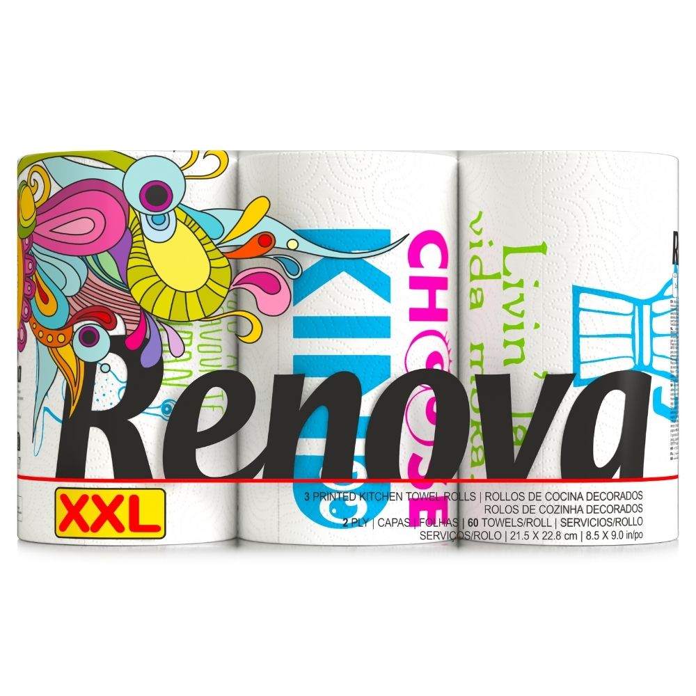 Renova清潔用浮雕彩色印花廚房紙巾-塗鴉設計款(3捲組)*2組