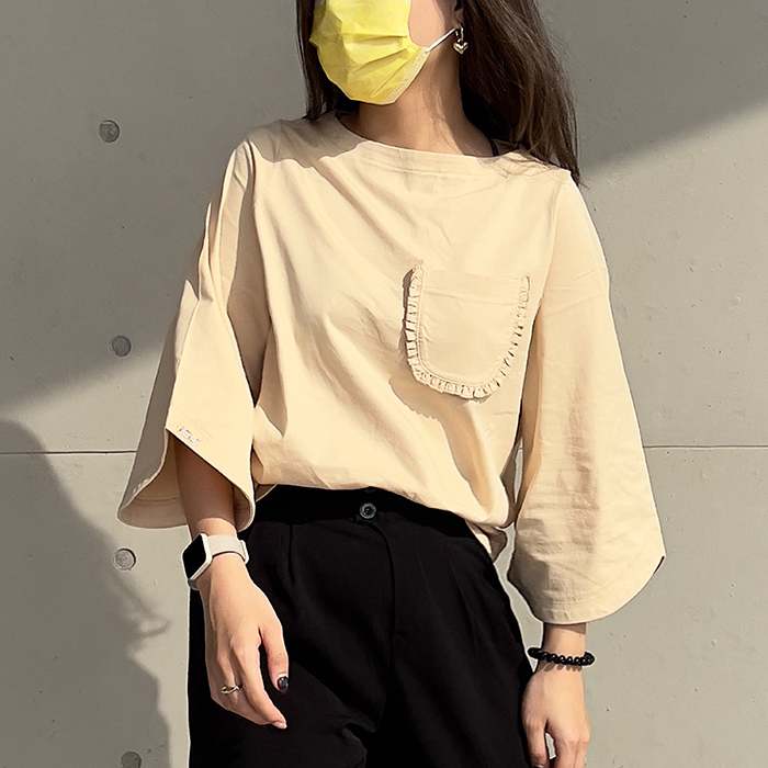 Best Tag 船型領絲光棉七分袖口袋T恤/女 奶茶 M