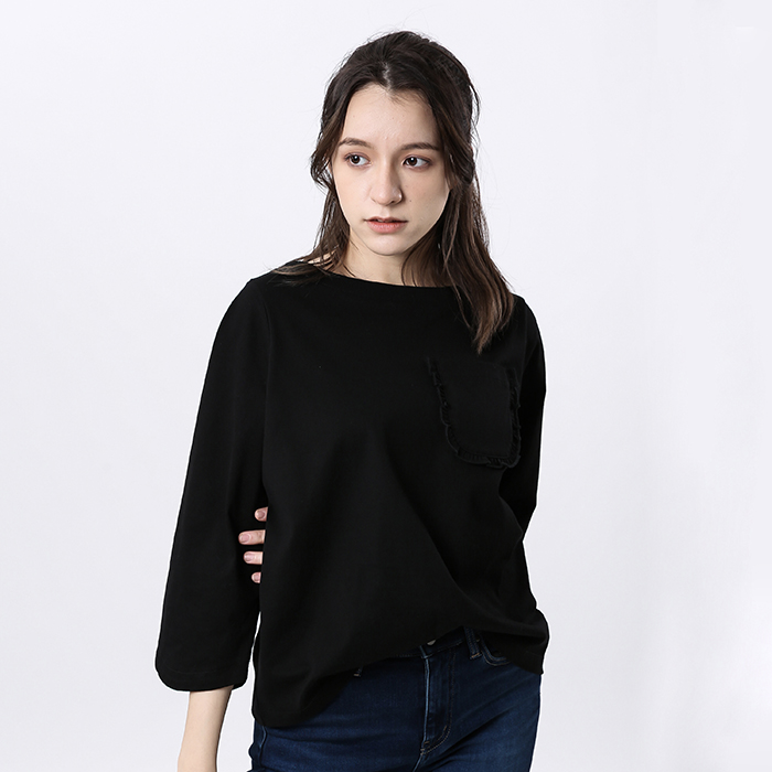 Best Tag 船型領絲光棉七分袖口袋T恤/女 黑 S